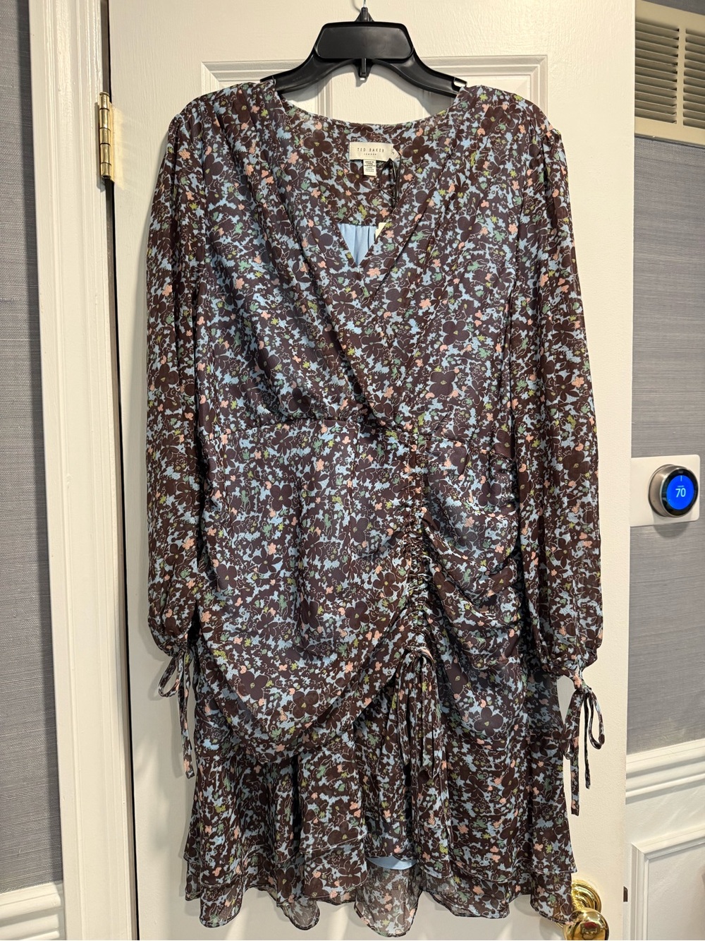 Ted Baker Brown Floral Long-Sleeve Wrap Dress with Light Blue Accents